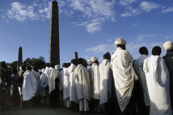 Meskel festival in front of the stelae field, Stelae accredited to King Ezana, 23m high block of granite, Axum, Ethiopia