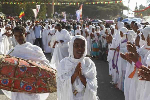 Gonder, Ethiopia, February 18 2015: People dressed in traditional attire celebrate the Timkat festival, the important Ethiopian Orthodox celebration of Epiphany