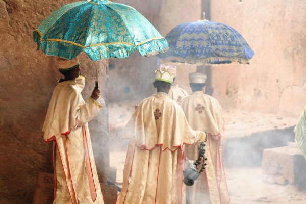 LALIBELA, ETHIOPIA - 30 AUGUST 2013: Holy Mass of the orthodox Ethiopian church of religious churches in carve in solid rock in Lalibela